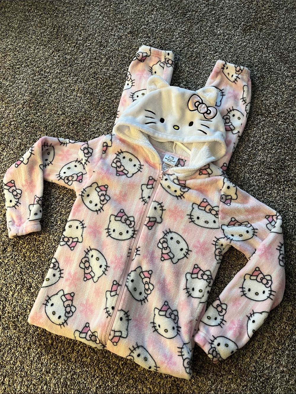 Hello Kitty hooded pajamas - zip up onesie pjs with hood size SMALL Pink, White